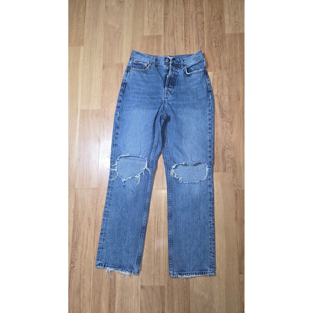 Topshop Dad Jeans Blue Distressed High Rise Button Fly Straight Leg W26 L30
